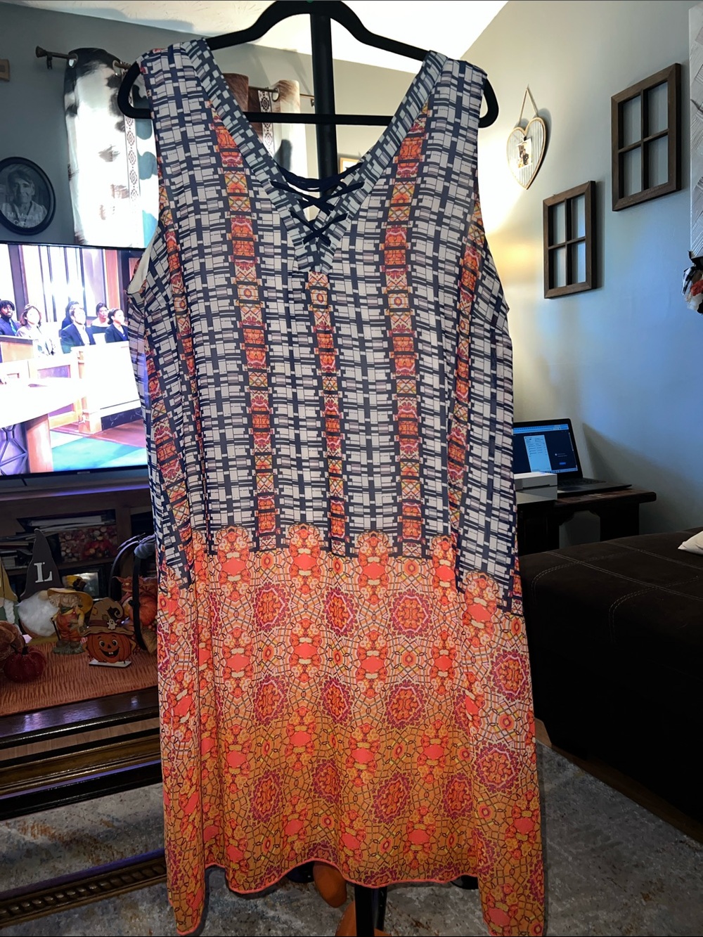 My Michelle Navy and Coral Mixed-Print Sleeveless Dress